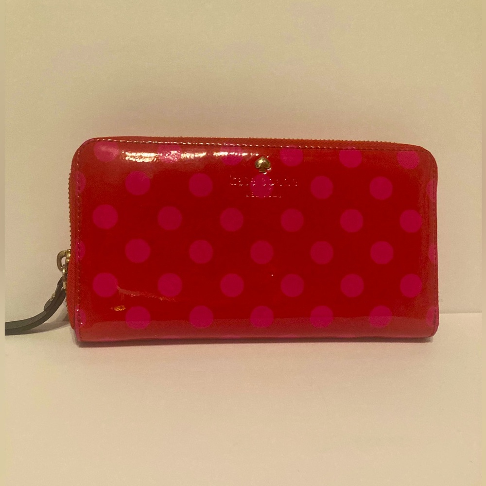 Kate Spade New York Cherry Red with Hot Pink Polka Dots Zip Around Wallet